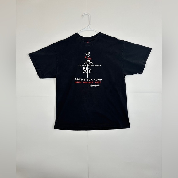 Aids Stick Drawing Protect Community DELAVEGA T-Shirt Adult Black Men Large Tee - Picture 1 of 8